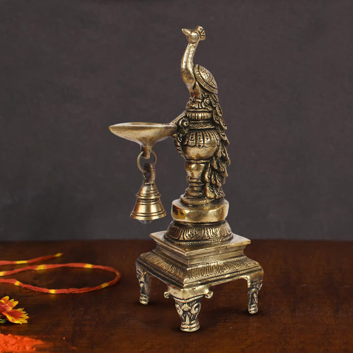 Artvarko Brass Peacock Bird Hanging Diya Oil Lamp Stand with Bell Home and Office Decoration Diwali Decoration Gift Items 10 Inches
