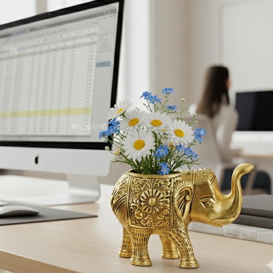 Kridaykraft Decorative Metal Trunk-Up Elephant – Multi-Purpose Small Flower Vase, T-Light Holder, and Stationery Organizer for Living Room and Office – Elegant Gold Elephant Statue for Good Luck