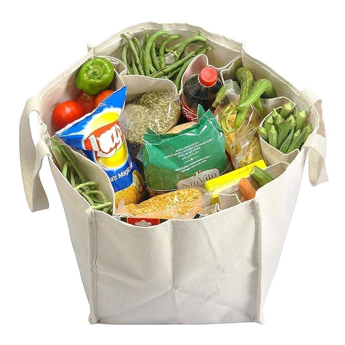 Any Time Unisex-Adult Heavy Duty Cotton Canvas Reusable Vegetable Utility Bag/Grocery Bag/Carry Bag/Shopping Bag With 6 Compartments/Pockets For Organized Storage, White Pack Of 1