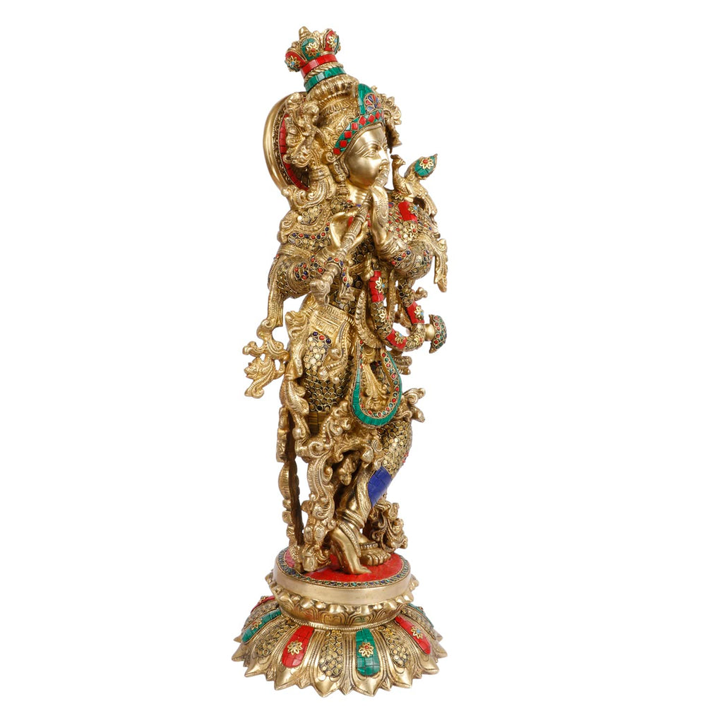 ARTVARKO Big Lord Murli Manohar Krishna Statue Brass Inlay Handwork Murti Gift & Home Temple Décor - Height 25 Inches