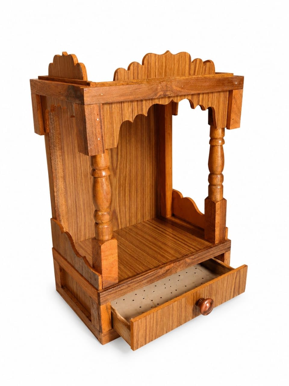 Traditional Wooden Home Temple – Elegant Pooja Mandapam with Single Drawer, Wall-Mountable Small Pooja Ghar for Idols (Dimensions: 45x32x22cm)