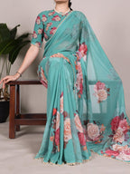 Femori Women's Georgette Floral Printed Saree, Aqua Blue with Pearl Border Detailing, Lightweight and Breathable (AQUA)