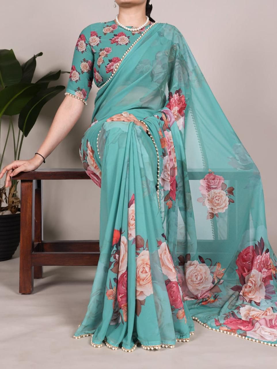Femori Women's Georgette Floral Printed Saree, Aqua Blue with Pearl Border Detailing, Lightweight and Breathable (AQUA)