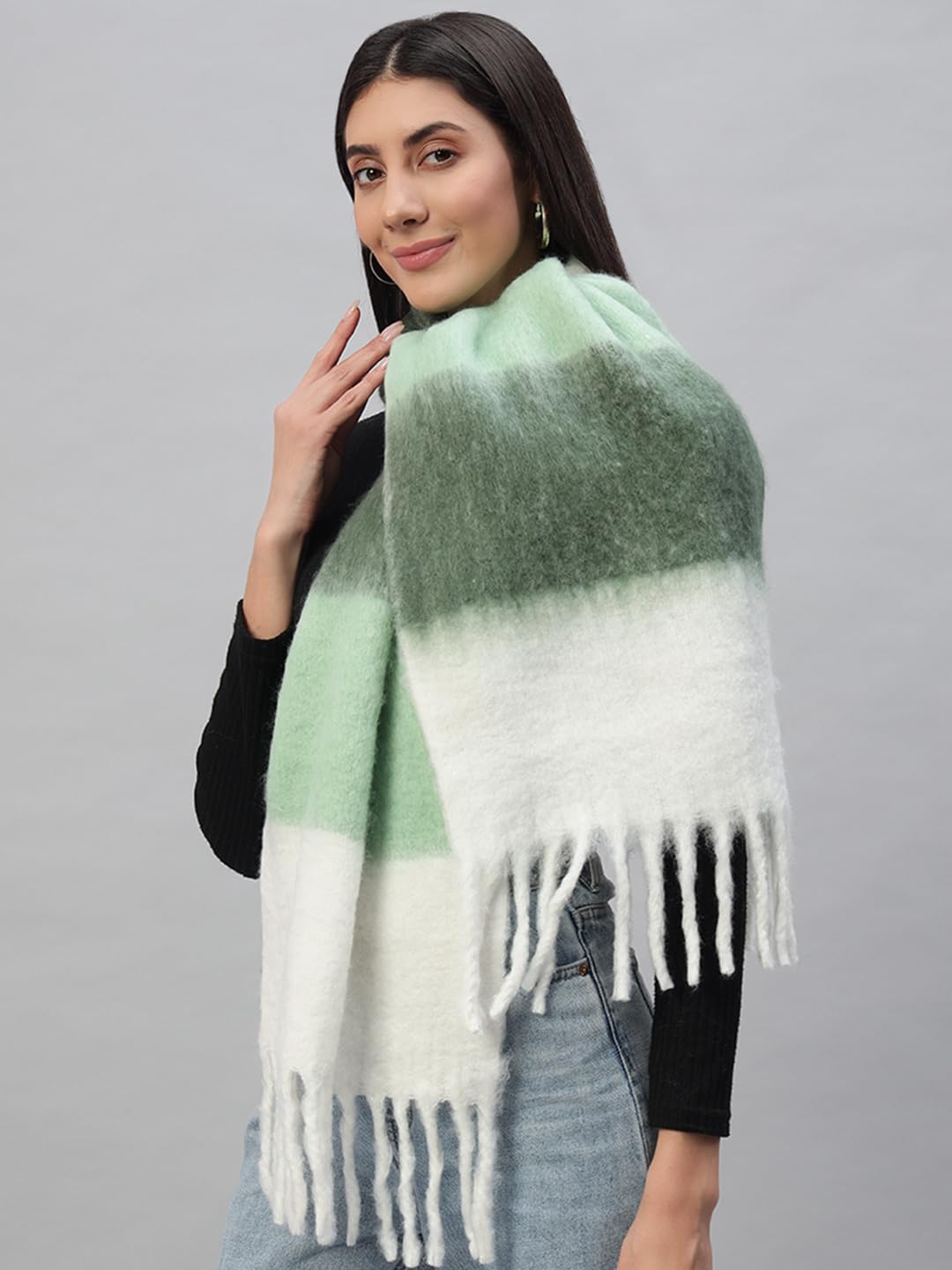 Ravaiyaa - Attitude is everything Reversible Wool Scarves Striped Pattern Women Neck Wraps Muffler Winter Wool Scarf 72 x14 Inch (Green & White)