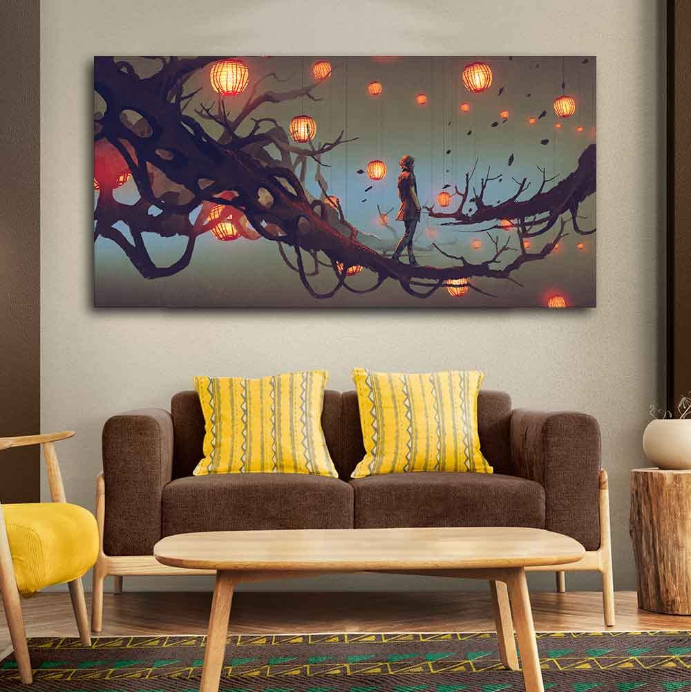 VIBECRAFTS Canvas Paintings for Living Room Beautiful Wall Painting of Man Walking on Tree Fitted with Wooden Frame for Home | Office | Gift (PTVCH_2266) (48 x 24 Inches)