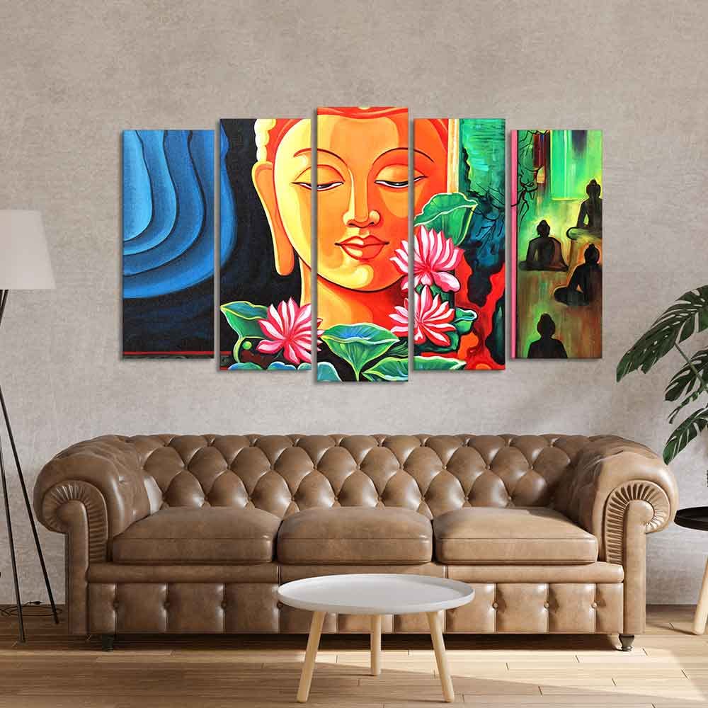 VIBECRAFTS Spiritual Gautam Buddha Wall Painting Set of Five Pieces For Home|Office|Living Room|Gift (PTVC5Pcs2_6568)