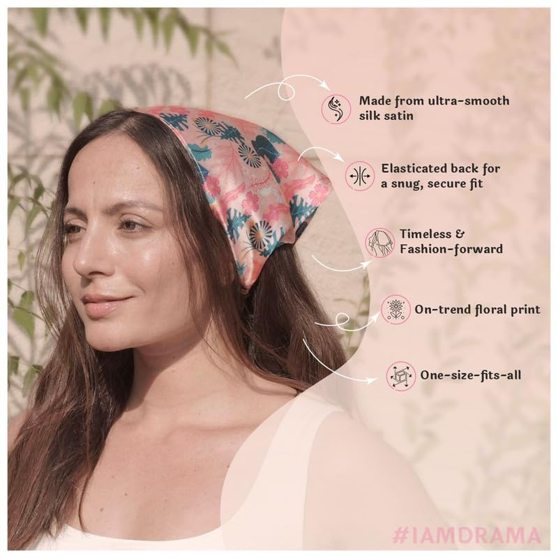 Hair Drama Co. Abstract Floral Print Elastic Bandana Head Scarf for Women | Silk Satin Head Wrap Bandana Scarves | Boho Style Statement Headband Scarves | All Day Wear Scarves | Hair Scarf Accessories