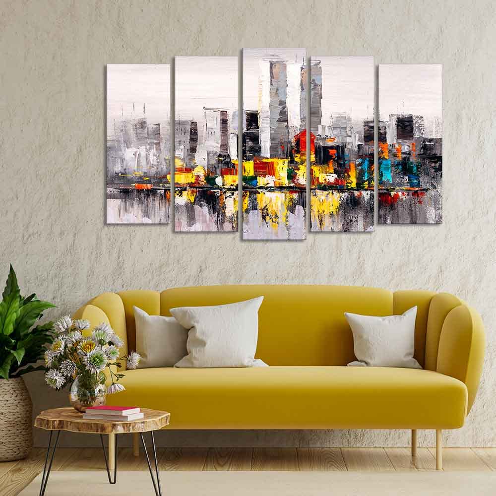 VIBECRAFTS Abstract Wall Painting of A New York City Skyline Set of Five For Home|Office|Living Room|Gift (PTVC5Pcs2_6535)