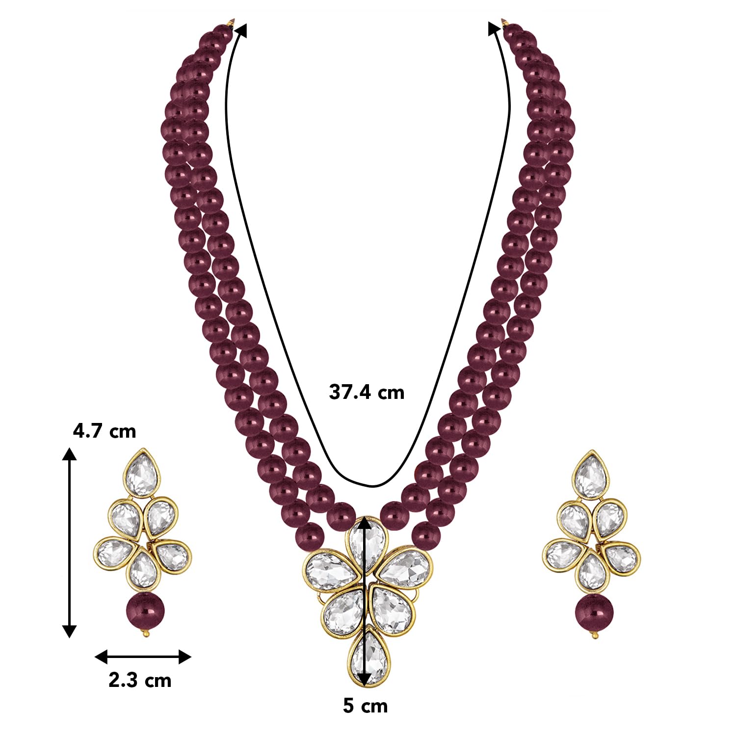 Peora Gold Plated Crystal Pearl Long Necklace Drop Earrings Set Women