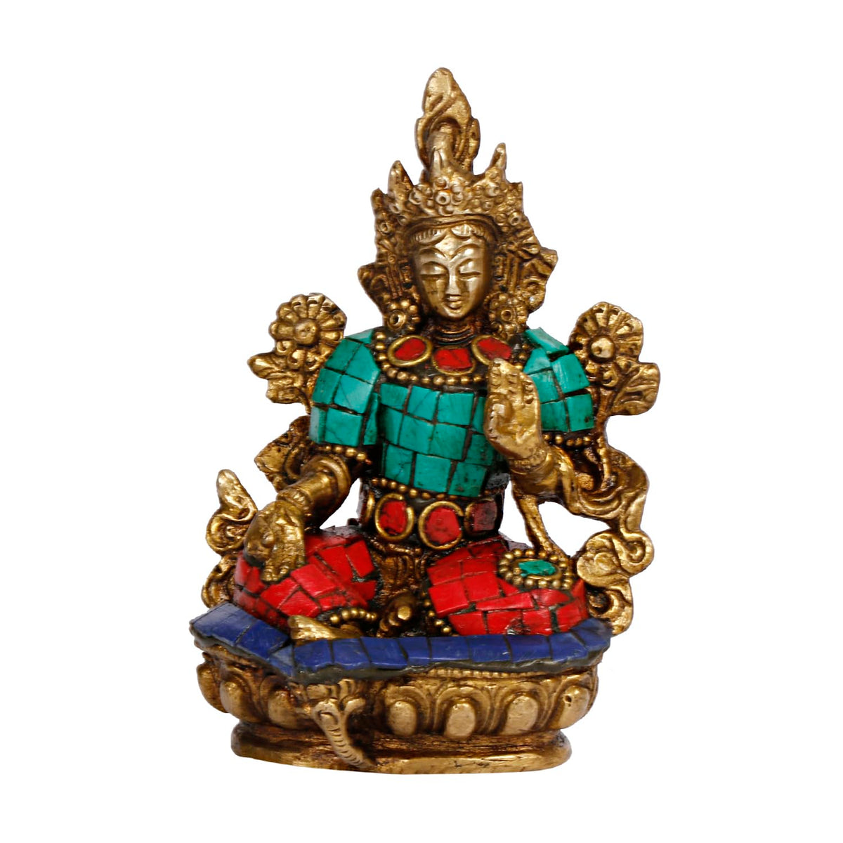 ARTVARKO Tara Devi Statue Brass Tibetan Goddess Religious Green Tara Statue for Health Happiness Wealth Idol Home Decor Sculpture 3.5 Inches