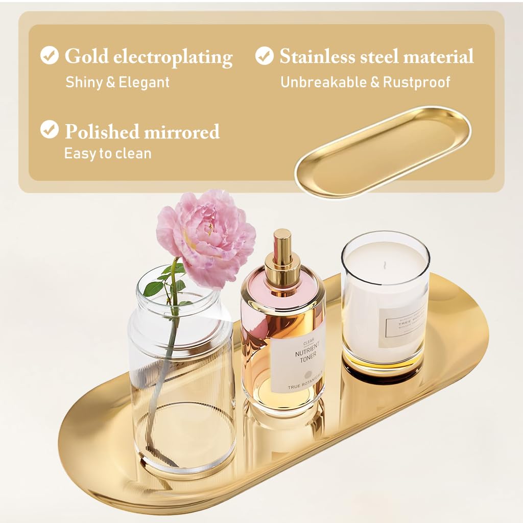 HASTHIP® 2Pcs Golden Bathroom Tray 30x12cm Stainless Steel Easy Clean