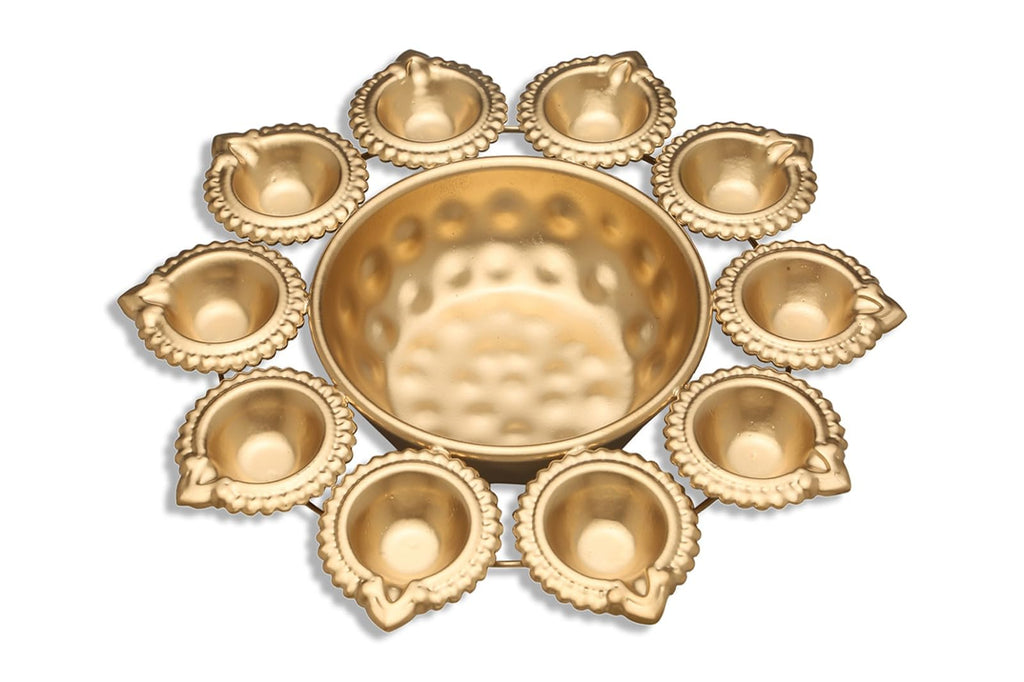 R Ayurveda Copper Diya Shape Flower Decorative Urli Handcrafted Bowl for Floating Flowers and Tea Light Candles Home,Office and Table Decor| Diwali Decoration Items for Home with Gift Box (10 Inches)