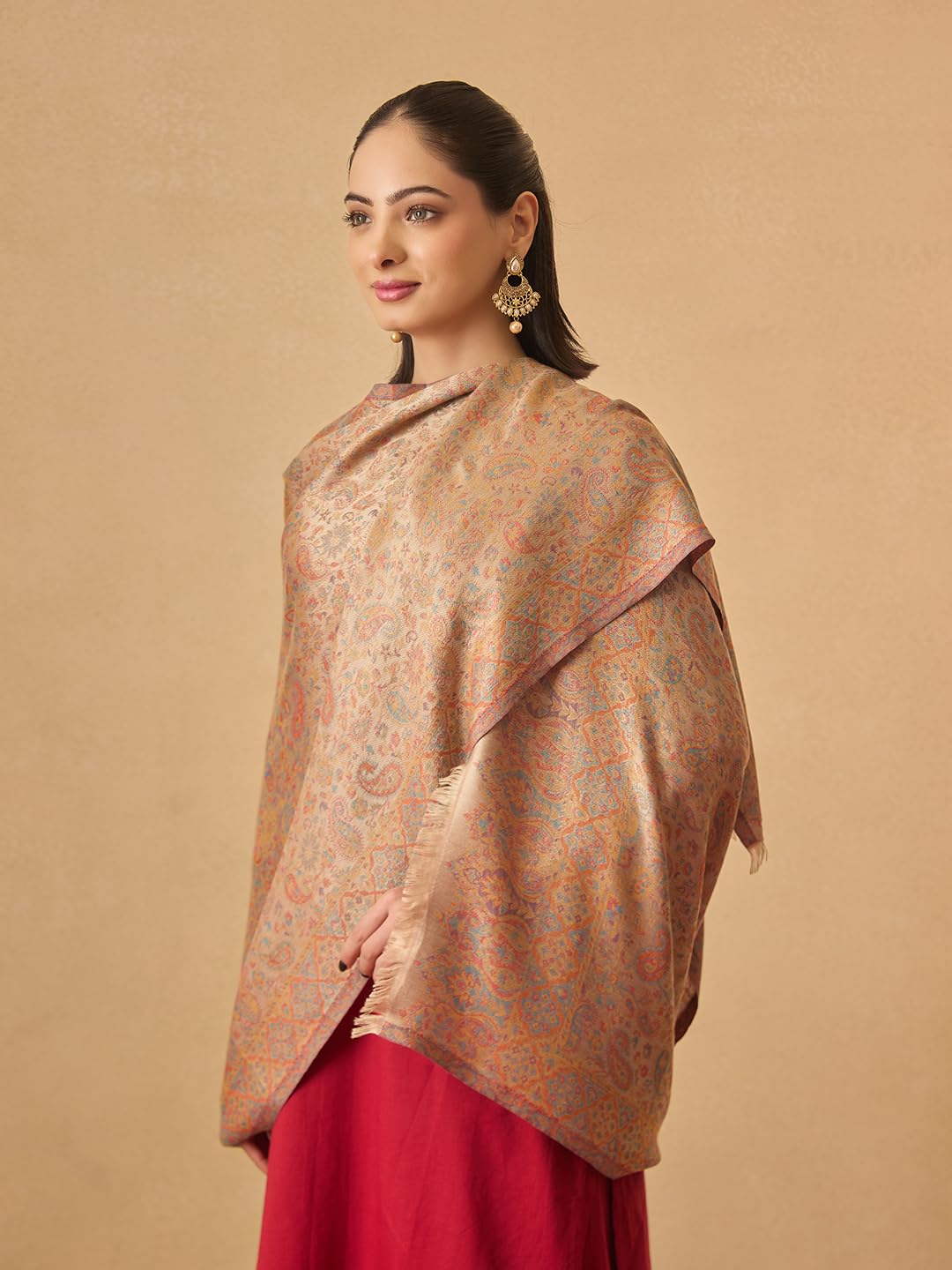 Pashmoda Women Chandni Kaani Stole, Authentic Kashmiri Luxury Pashmina Style Shawl, Stole, (Size 28x80 Inches, Beige Color) MAVST07