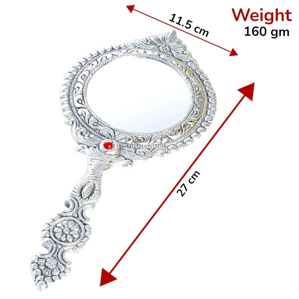 KridayKraft Beautifully Carved Round Shape Silver Plating Hand Mirror for Makeup, Travelling, Salon Mirror & Decorative Mirror Antique Item for Wedding Gifts.