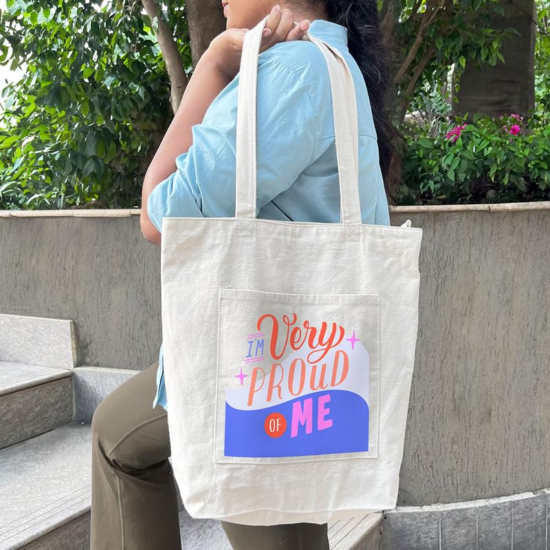 Zoomin Spacious Cotton Tote Bag with Zip Closure | Double Inner Pockets & 60cm Long Handle | Soft Fabric Shopping Bag for Travel, Work & Daily Essentials | Perfect For Office & Travel-Proud Of Me