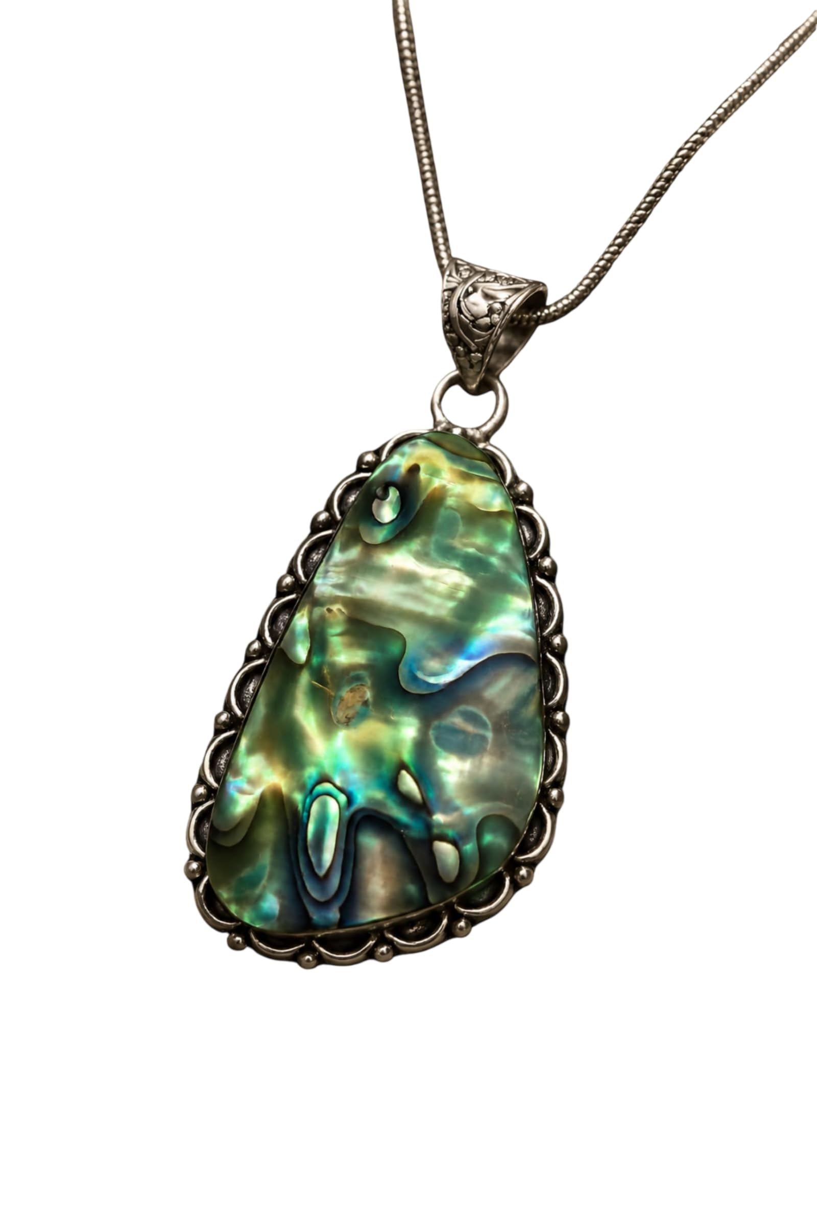 BANITHANI Natural Stone Pendant Necklace for Women | German Silver Chain Necklace | Handmade Artisan Jewelry | Premium Fashion Pendant | Daily Wear, Party, Traditional & Casual Gift (Natural Abalone)