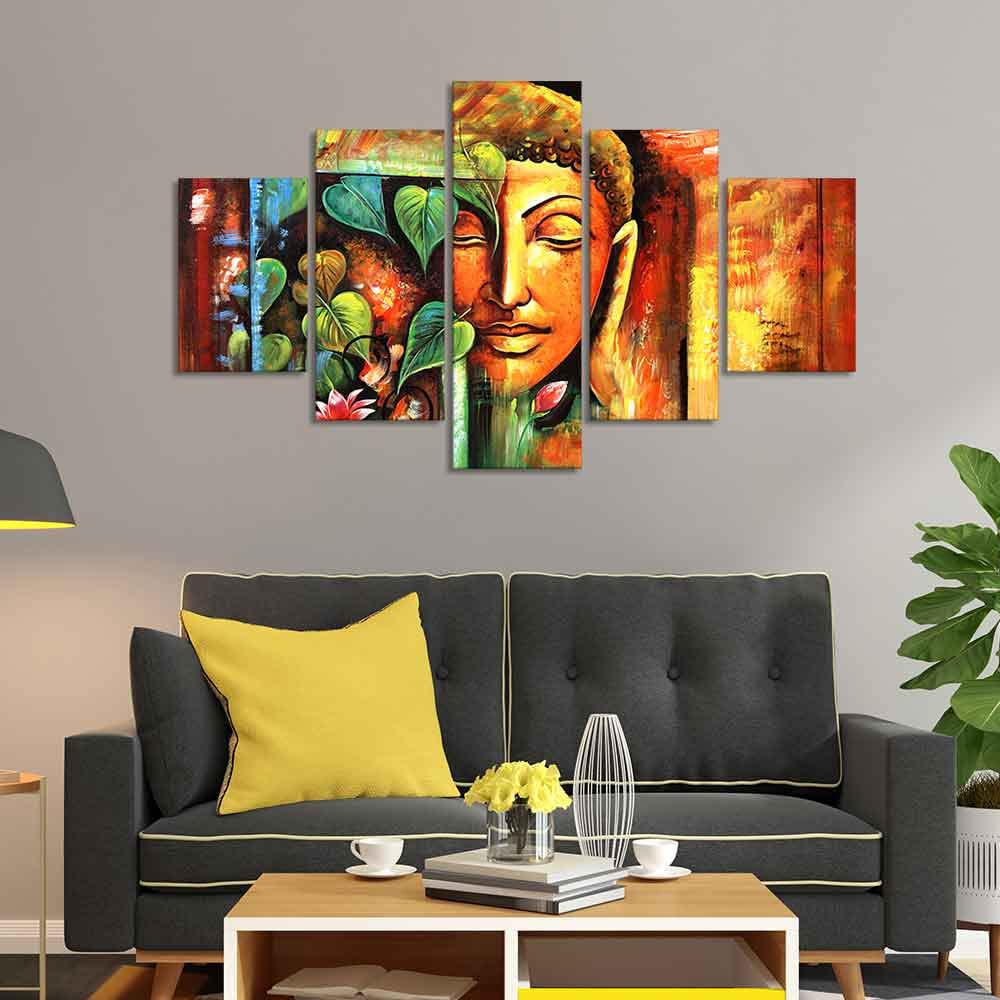 VIBECRAFTS Divine Gautama Buddha Face Premium Frame Wall Painting of Five Pieces For Home|Office|Living Room|Gift (PTVC5Pcs1_5548)