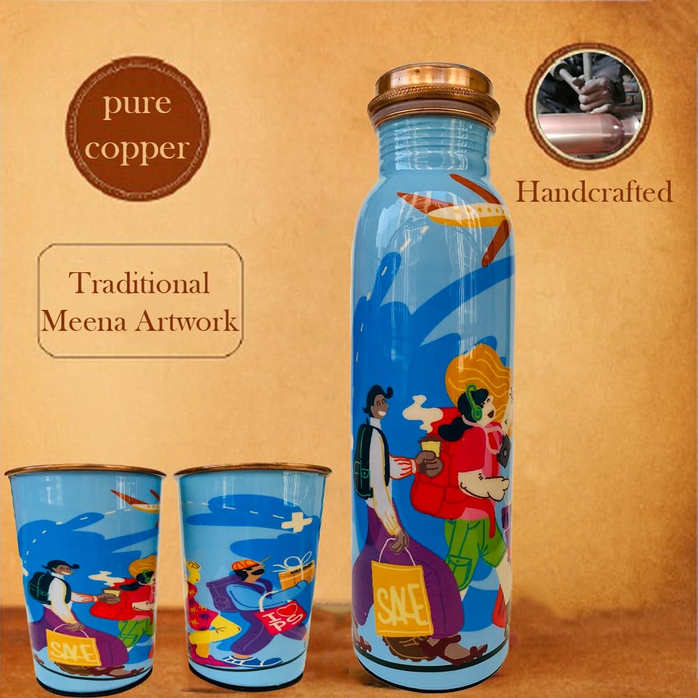 PAINTZSTORIES Travel Tales Happy Tourists Returning from Adventures Artistic Copper Water Bottle Set | Handcrafted Tamba Bottle with 2 Glasses | Home Décor, Office, Travel & Gifting | 900 ml