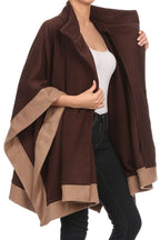 BSB LL Womens Poncho Outer Coat Fall Winter Soft Fleece Open Front Button, Brown / Camel Trim, Large to X-Large