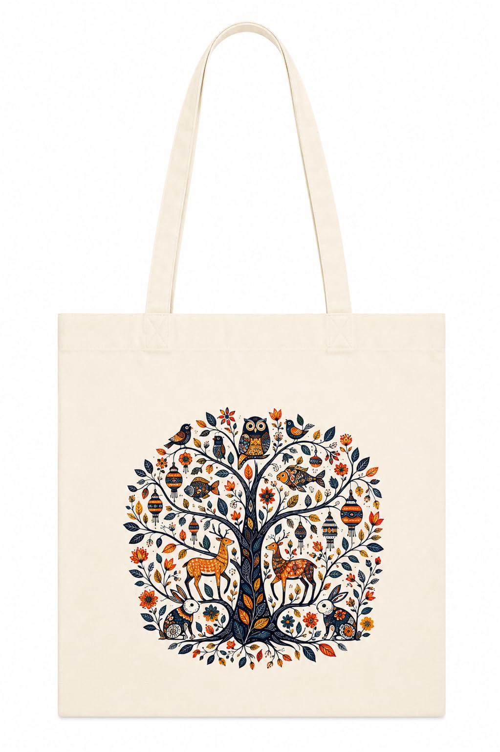 Kai Pai Co Cotton Tote Bag for Women, Indian Folk Art Prints, Casual Daily Use, Reusable Shoulder Bag,14 X 16 Inches - Madhubani, Kalamkari, Return Gifts (Tree of Stories - Madhubani)