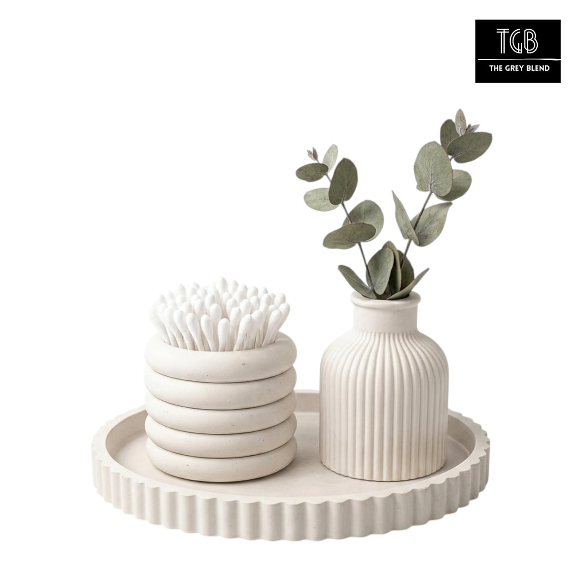 THE GREY BLEND® Compact Vanity Tray Set - Oval Concrete Tray with Vase & Multi-Purpose Brush Holder | Mini Bathroom Counter & Dressing Table Organizer | 20x15cm