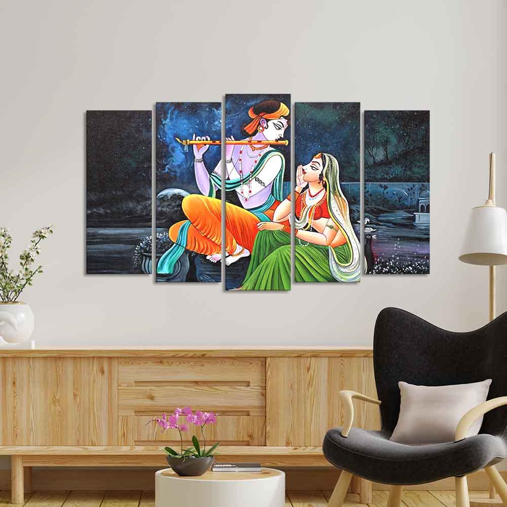 VIBECRAFTS Radha Krishna in Dark Forest Set of Five Pieces Wall Painting For Home|Office|Living Room|Gift (PTVC5Pcs2_6578)