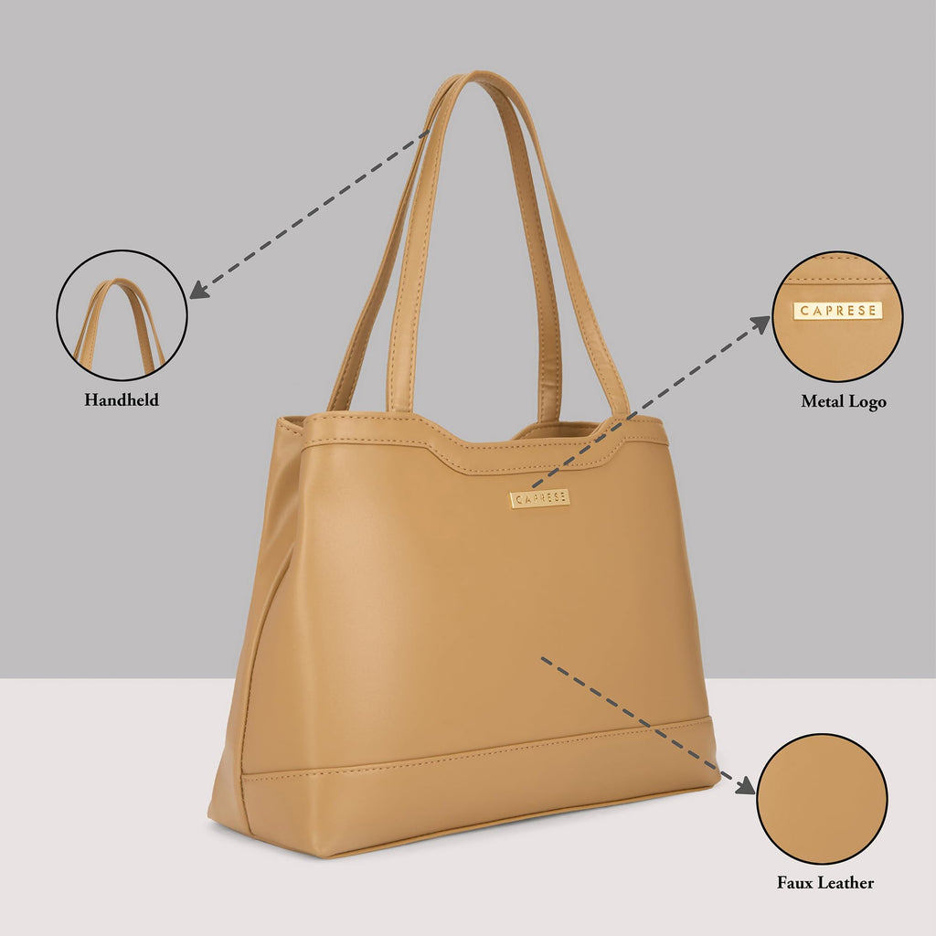 Caprese Kai Large Tote Bag for Women | Solid Faux Leather Shoulder Handbag with Zipper Closure | Fits Up to 15 Inch Laptop | Spacious Stylish Work, Travel, College & Everyday Purse (Ocher)