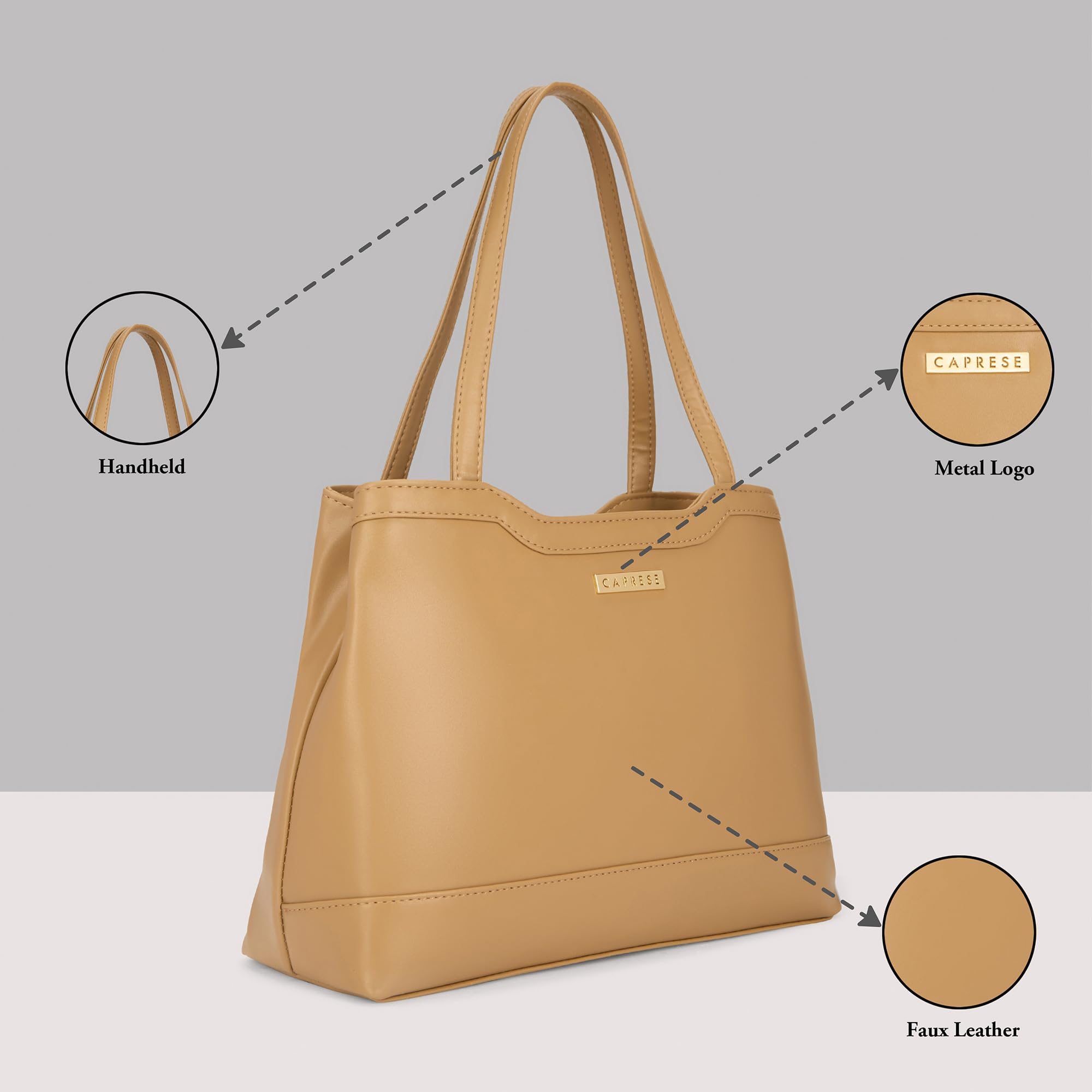 Caprese Kai Large Tote Bag for Women | Solid Faux Leather Shoulder Handbag with Zipper Closure | Fits Up to 15 Inch Laptop | Spacious Stylish Work, Travel, College & Everyday Purse (Ocher)