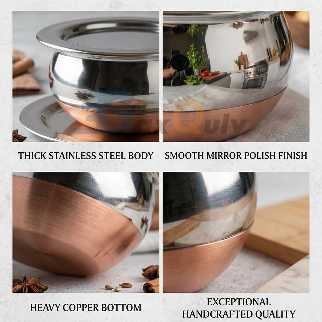 GaxQuly Stainless Steel Copper Bottom Urli Handi Set Kitchen Serving, Cooking Bowl Cookware Set | Milk Pan Tea & Coffee Punjabi Biryani Pot tapeli patila 0.5/0.75/1/1.25/1.5 Liter (Lid Handi 5pcs)