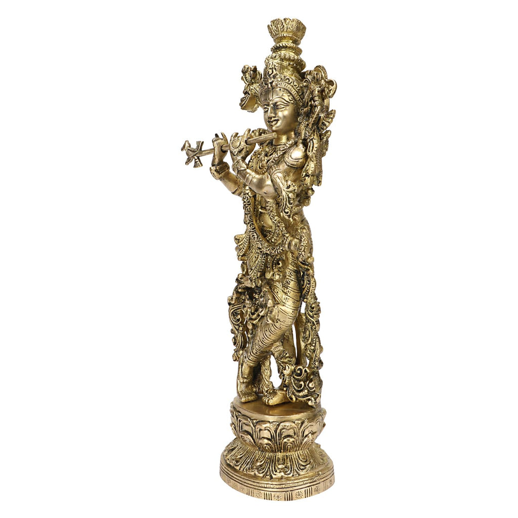 SVARUP Brass Krishna Idol Statue Playing Flute for Puja Mandir Krishan Murti Sculpture Gift & Home Decor Height 14 Inches