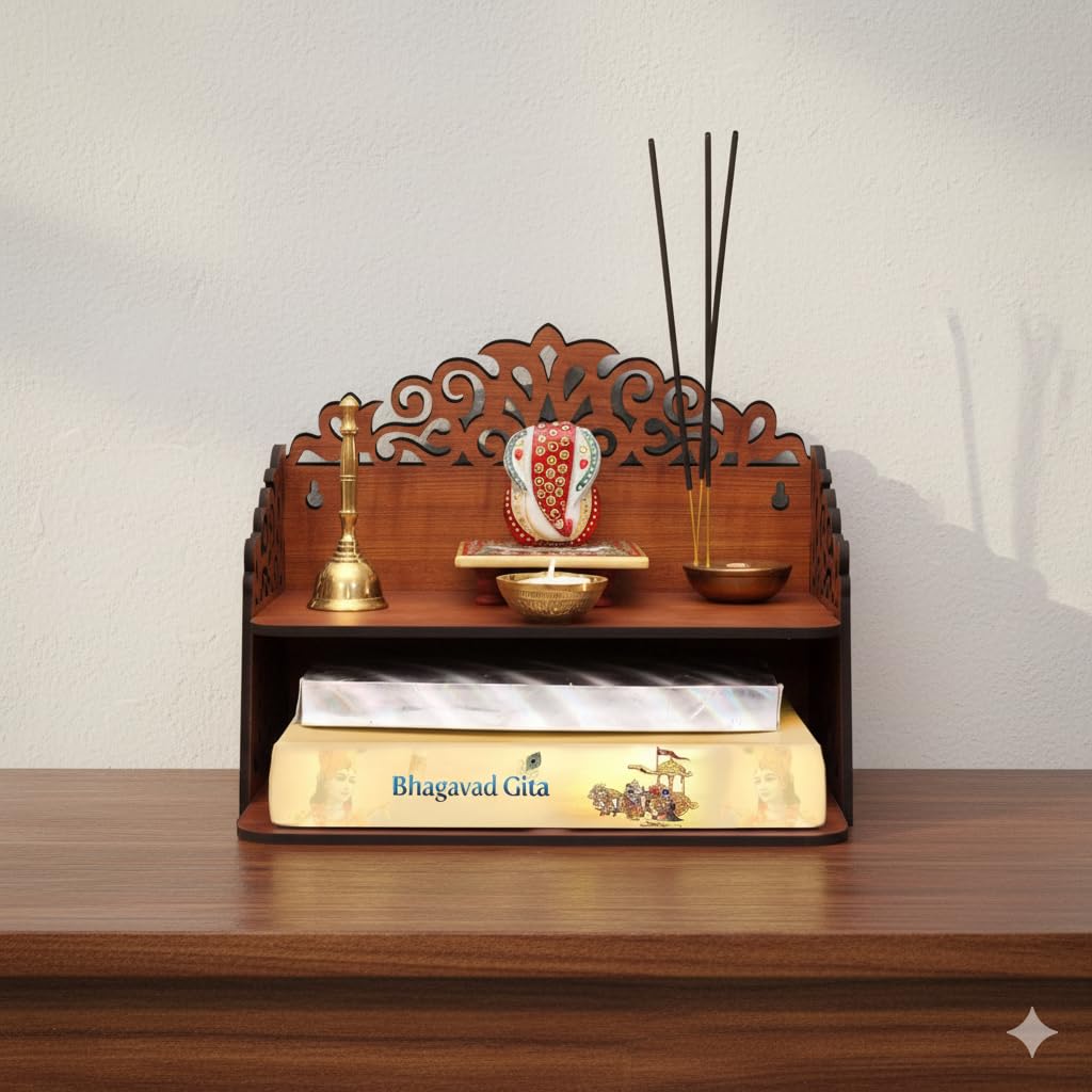 BerryBox Wood Hand Crafted Om Pattern Home Temple for Puja Temple for Home and Office l Puja Mandir l Wooden Mandir l Compact Pooja Ghar Stand for Prayer Room, Living Room Decor (Design 6)