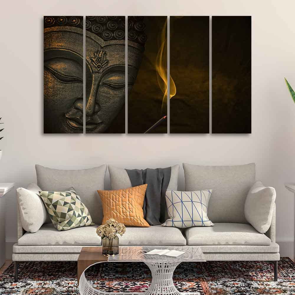 VIBECRAFTS Premium Wall Painting of Peaceful Buddha Sculpture Set of Five For Home|Office|Living Room|Gift (PTVC5Pcs4_8645)