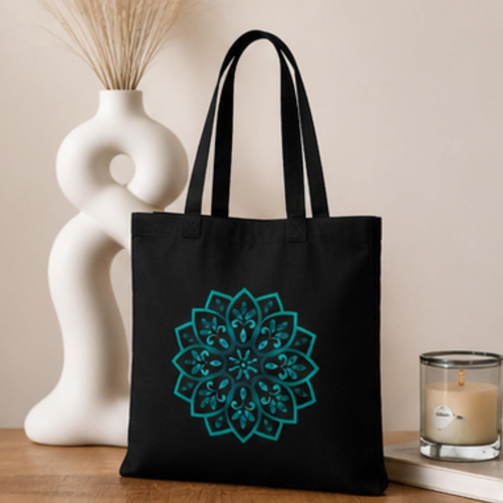 Adorvue New Launch Black Canvas Tote Bag for Women with Floral Mandala Print | Cotton Shoulder Bag | Reusable Eco-Friendly Shopping Tote | Large 14x16 Inch Bag for College, Office, Travel & Daily Use