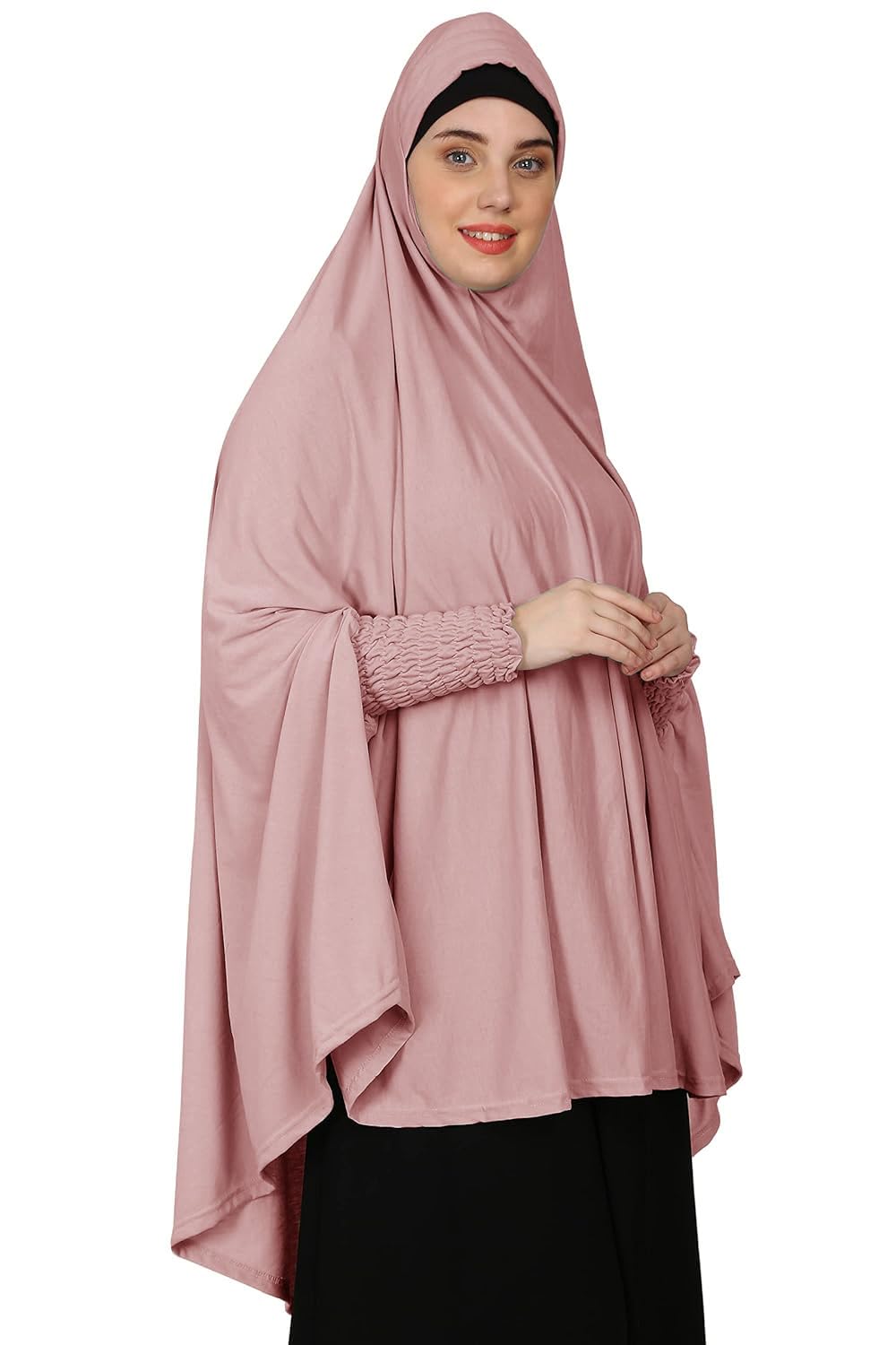 ICW Women Stretchable Jersey Smoking Sleeve Jilbab Cum Prayer khimar Hijab (Free Size) (peach)
