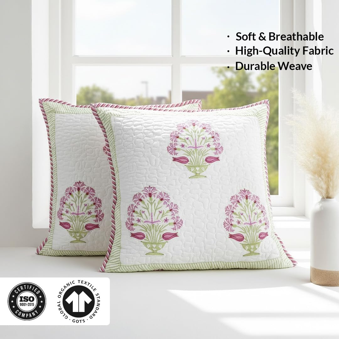 HOMEMONDE Set of 5 Cushion Covers 24x24 Inches – Soft Floral Hand Block Print, Premium Cotton 300 TC Pillow Cases for Living Room & Kids Room – Pink (60x60 cm)