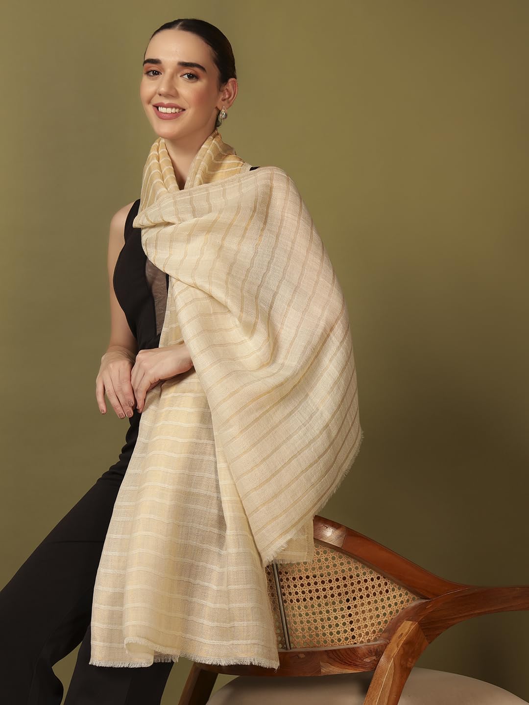 Pashmoda Women Golden Mirage Reversible Zari Moonlight Fine Wool Stole (Size : 28x80in, 71X203cm) ZSST05