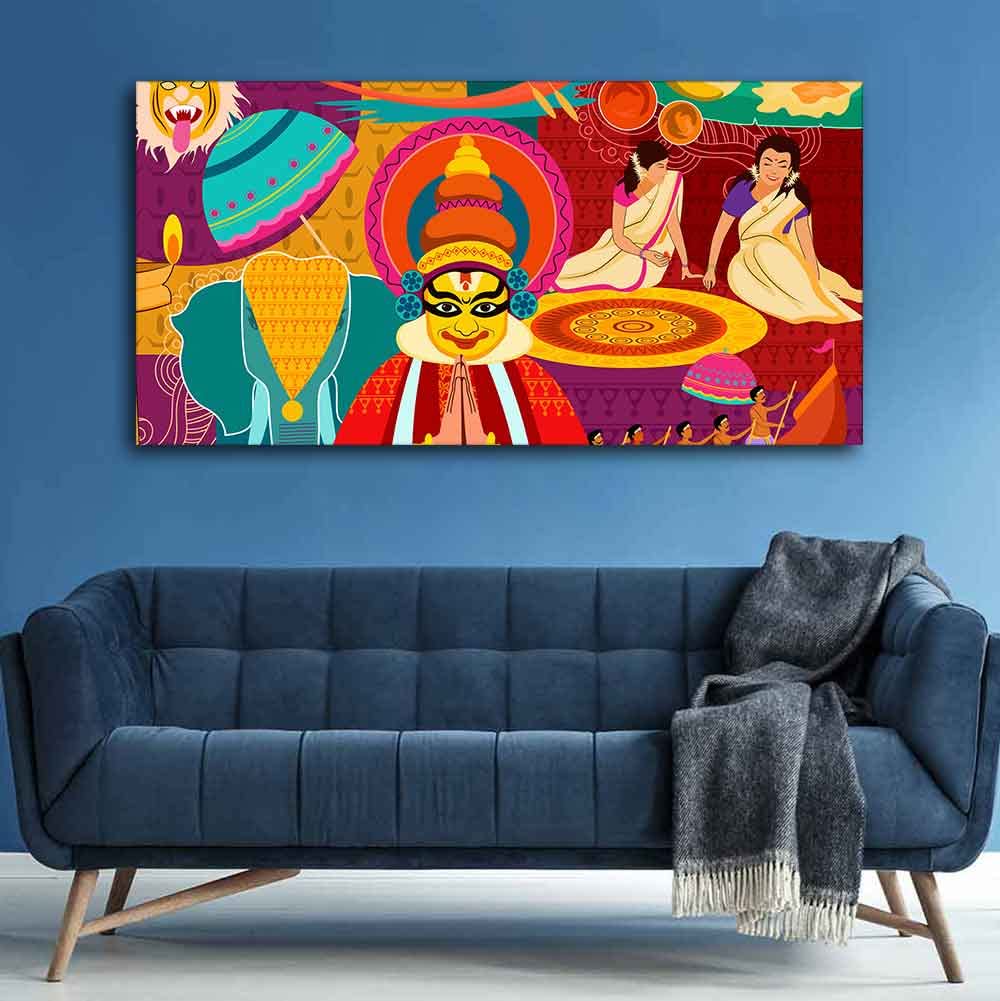VIBECRAFTS Celebration Onam Festival Premium Canvas Wall Painting With Frame for Living Room Drawing Room Home|Office|Gift (PTVCH_2220)