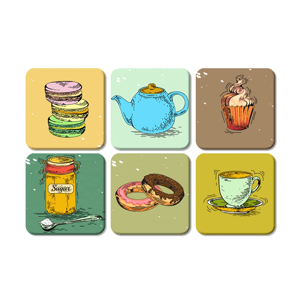 Artvibes Printed MDF Wooden Coasters for Home and Kitchen | Dining Table Decor | Square Coasters | Kitchen Decorative Items | Table Decoration | Home Decor (Set of 6 | 4x4 Inch)(Tea Coffee) TC_2006