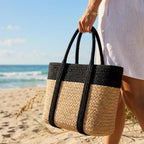 Loom & Luster Handwoven Jute Tote Bag Dual Tone Summer Shoulder Bag | Lightweight Eco-Friendly Handbag for girls and woman (Beige & Black)