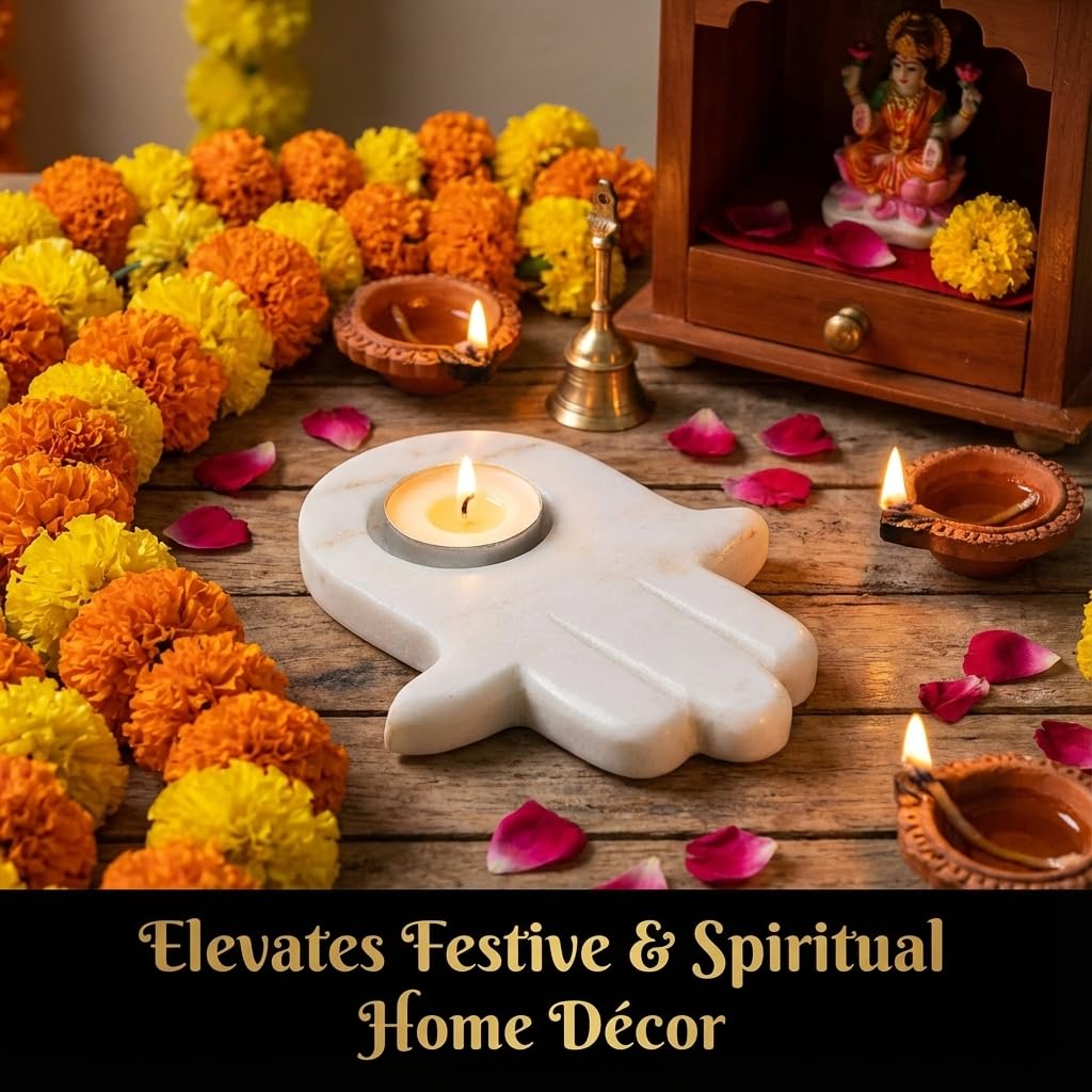 House Of Wemy Hamza Hand Marble Tealight Candle Holder – Decorative Hamsa-Shaped Marble T-Light Holder for Home Décor, Festive Ambience & Spiritual Protection – Unique Gift Idea (Pack of 1)