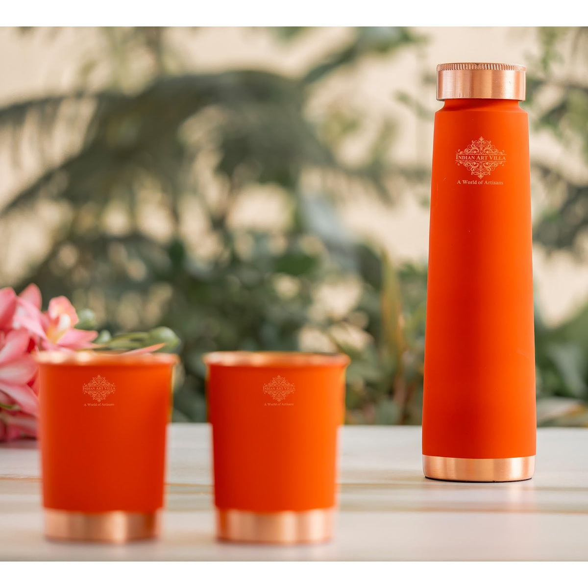 INDIAN ART VILLA Copper Bottle & Glass Gift Set - 800 ml Water Bottle & 2 Glasses (300 ml Each) - Orange Pyramid Ombre Silk Finish, Perfect for Gifting & Everyday Use