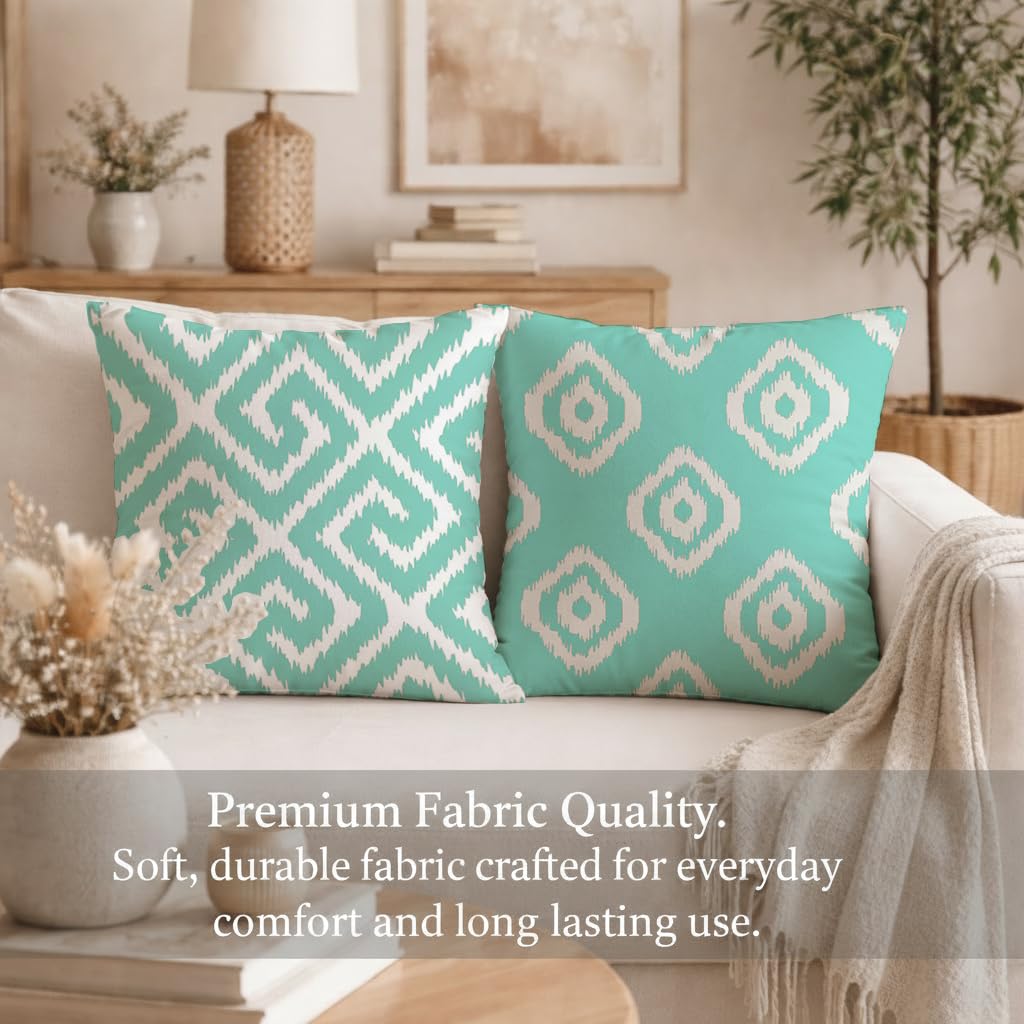 STITCHNEST Set of 2 Polycotton Cushion Covers – 24x24 Inches – Teal & White Ikat Geometric Print – Elegant Cushion Covers for Sofa & Living Room | Perfect for Home Decor