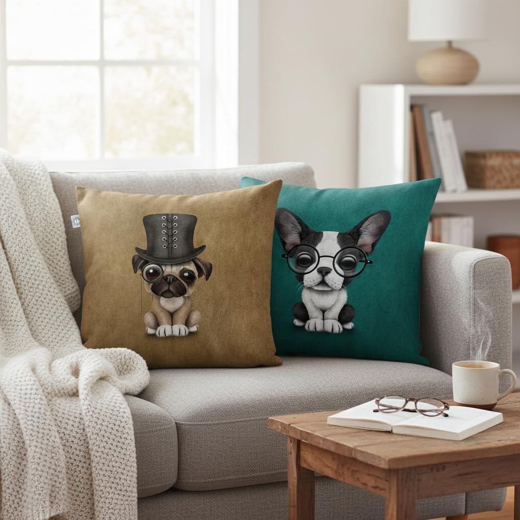 STITCHNEST Set of 2 Jute Cushion Covers – 12x12 Inches – Cute Puppy & French Bulldog Prints – Designer Decorative Pillow Covers for Sofa, Living Room & Bedroom | Perfect for Home Decor