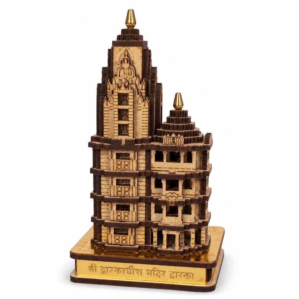Wooden Dwarkadhish Temple Model 5 INCH | Handcrafted Dwarka Mandir Showpiece for Home Decor | Shri Dwarkadhish Mandir Replica | Spiritual Gift Item | Indian Temple Miniature