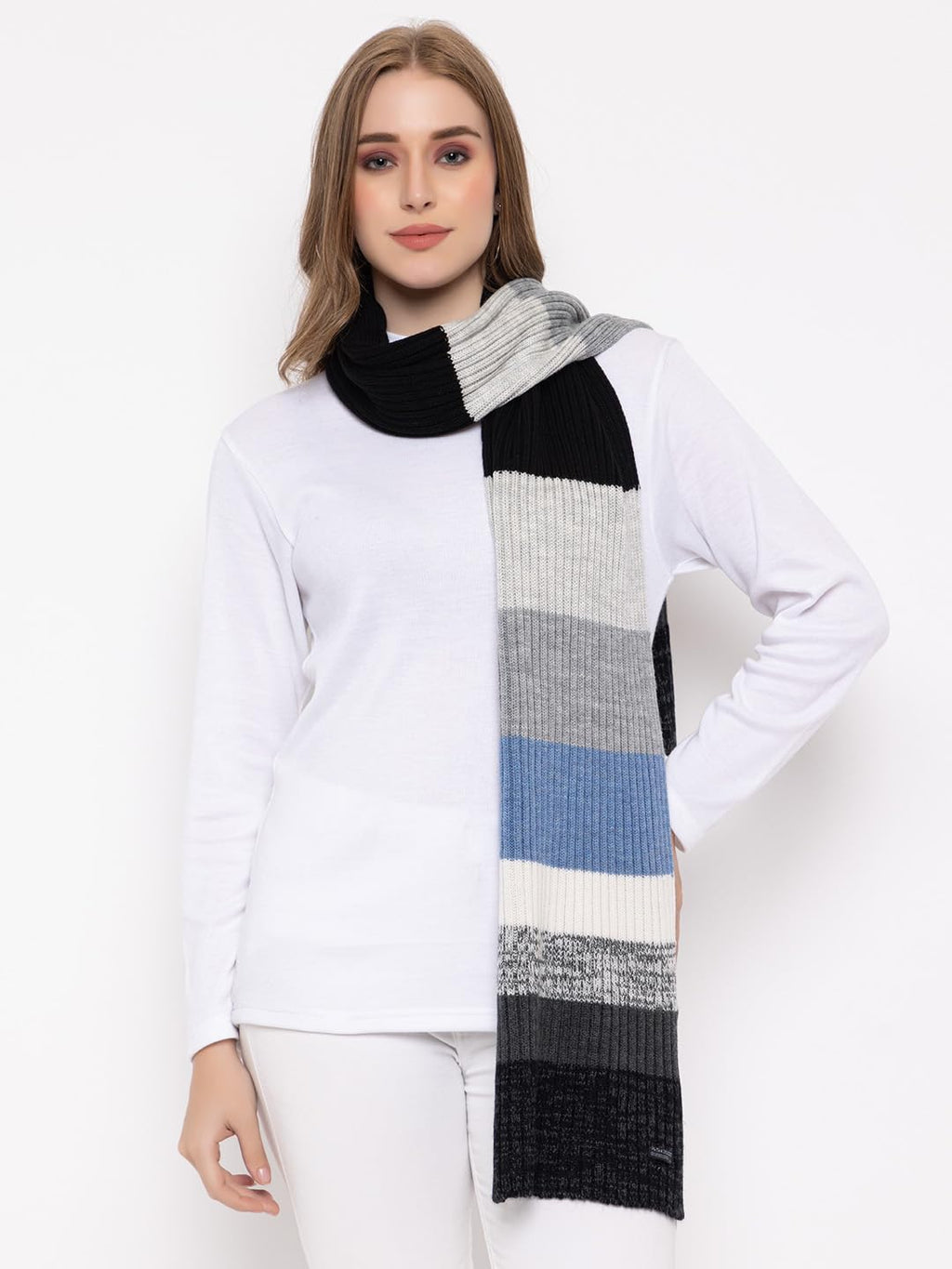 513 Women's Acrylic Woolen Color Block Casual Warm Winter Wear Muffler Scarf Stole
