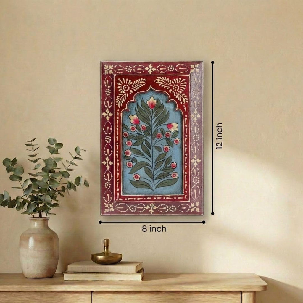ATRANGI STUDIO Handpainted Wooden Wall Frame | Rajasthani Traditional Craft | Decorative Floral Wall Hanging Art for Living room, Bedroom, Office | 12×8 Inch, Red