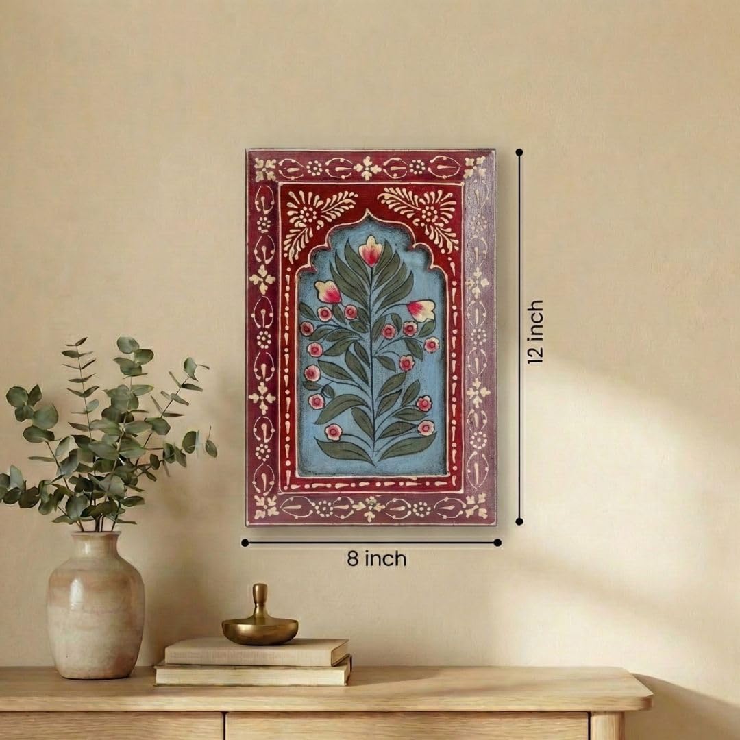 ATRANGI STUDIO Handpainted Wooden Wall Frame | Rajasthani Traditional Craft | Decorative Floral Wall Hanging Art for Living room, Bedroom, Office | 12×8 Inch, Red