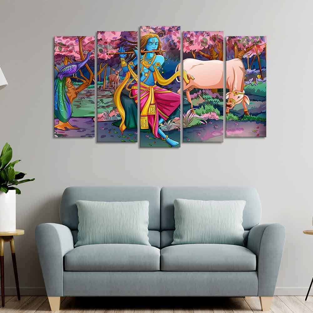 VIBECRAFTS Canvas Wall Painting of Krishna Playing Flute Set of Five For Home|Office|Living Room|Gift (PTVC5Pcs2_6539)