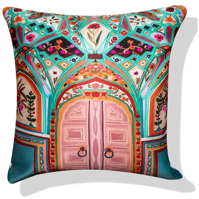 Vendola Decorative Satin Sofa Cushion Covers Set of 5, 16 inch x 16 inch, Sofa Pillow Cover, Ethnic Festive, Multicolor, Palace, Rajasthani Design Zipper Closure (Dwars, 16X16 Inches)