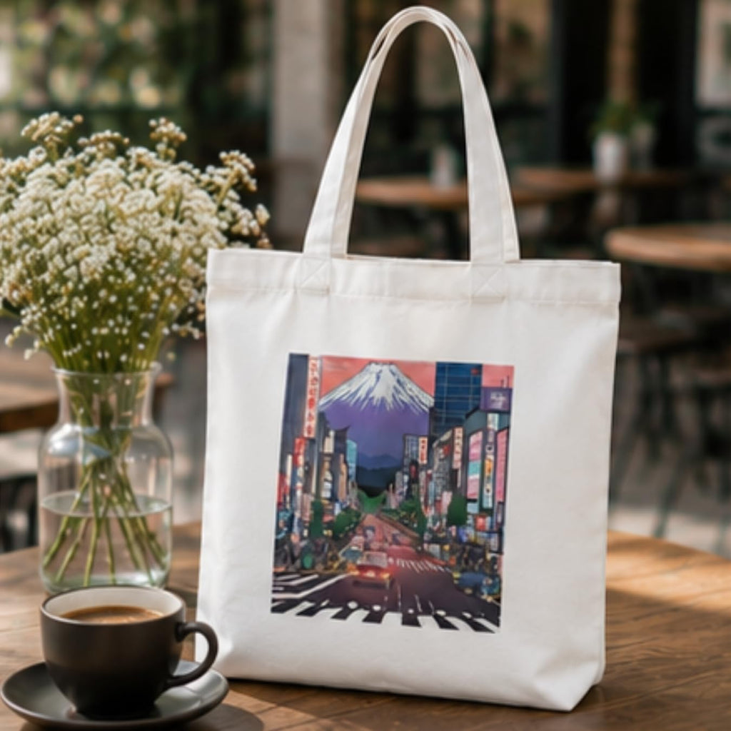 Adorvue Tokyo Japanese Cityscape Art Printed Tote Bag Stylish Eco-Friendly Cotton Handbags, Canvas Bags for College, Shopping, Office, Travel, Grocery Runs, Beach Day and Casual Outings Pack of 1